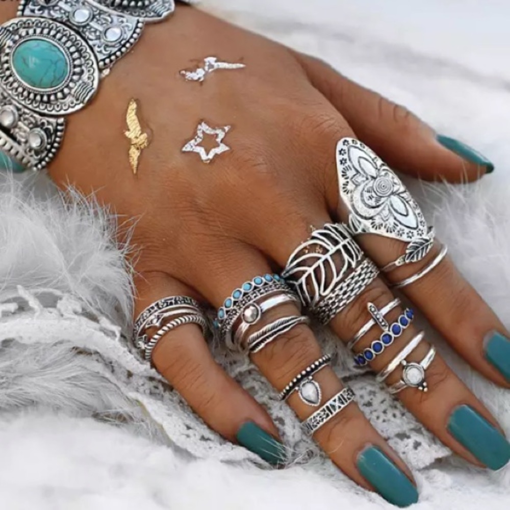 18pc boho vintage silver ring set - Picture 2 of 9